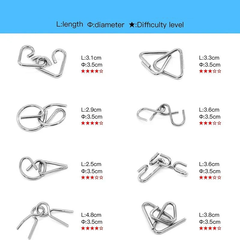 Metal Puzzle Ring Sæt ⎜ Hjernetrænings Logikspil til Børn og Voksne med Flere Oplåsningsudfordringer