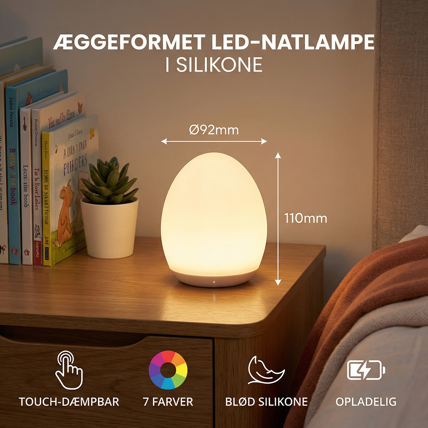 Æggeformet LED-natlampe i silikone – touch-dæmpbar, 7 farver