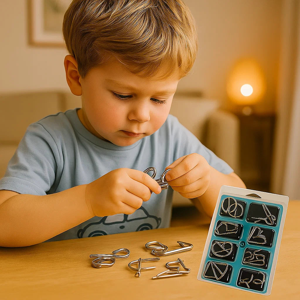 Metal Puzzle Ring Sæt ⎜ Hjernetrænings Logikspil til Børn og Voksne med Flere Oplåsningsudfordringer