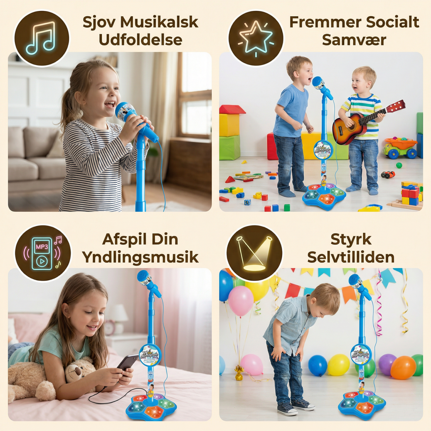 Karaokesæt til børn med mikrofon & stativ – Musikalsk læringslegetøj
