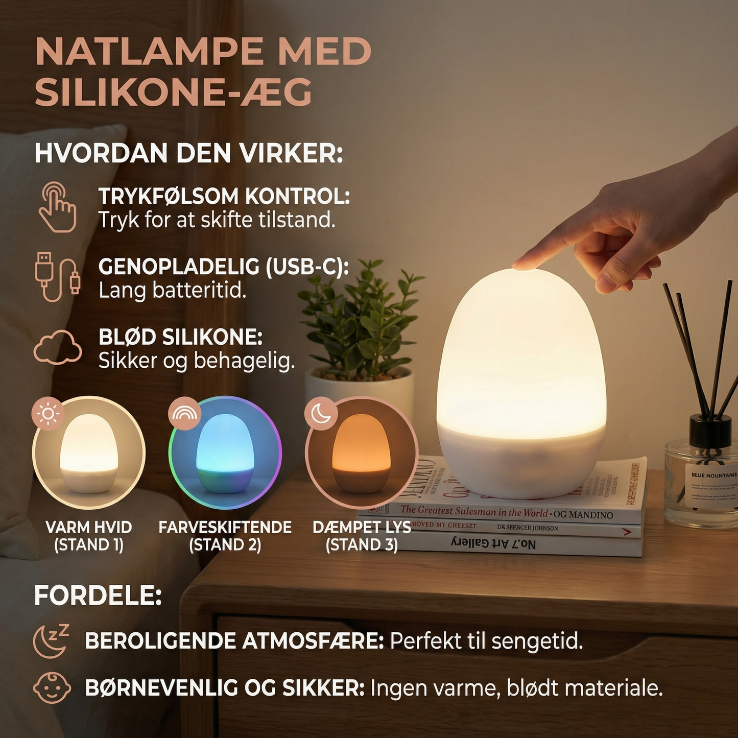 Æggeformet LED-natlampe i silikone